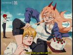  1990s_(style) 1boy 2girls black_neckwear black_pants blonde_hair blue_sky bluethebone braid breasts cake chainsaw_man clouds day denji_(chainsaw_man) english_text eyes_visible_through_hair food hand_on_another&#039;s_head horns large_breasts long_hair long_sleeves looking_at_another looking_at_viewer makima_(chainsaw_man) multiple_girls necktie open_mouth orange_hair outdoors pants patreon_username power_(chainsaw_man) red_eyes redhead retro_artstyle shirt short_hair single_braid sky smile standing subtitled tongue tongue_out white_shirt 