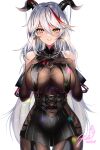  1girl aegir_(azur_lane) azur_lane bare_shoulders black_gloves black_skirt bodystocking breast_curtains breasts covered_navel cowboy_shot cross-laced_clothes dated demon_horns gloves hair_between_eyes hair_on_horn hands_on_own_chest highres horns iron_cross large_breasts long_hair looking_at_viewer miniskirt multicolored_hair navel redhead signature simple_background skirt streaked_hair taut_clothes thigh_gap two-tone_hair underbust very_long_hair white_background white_hair xes_(xes_5377) yellow_eyes 
