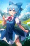  1girl 60mai bangs bloomers blue_bow blue_dress blue_eyes blue_hair blue_sky bow cirno cowboy_shot dress grin hair_bow ice ice_wings looking_at_viewer neck_ribbon outdoors pinafore_dress puffy_short_sleeves puffy_sleeves red_neckwear red_ribbon ribbon shirt short_hair short_sleeves sky smile solo standing touhou underwear v-shaped_eyebrows white_shirt wings 