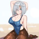  1girl black_legwear blue_eyes blue_leotard breasts commentary_request covered_navel hair_ornament hair_over_one_eye hairclip hamakaze_(kancolle) kantai_collection kneeling large_breasts leotard pantyhose short_hair silver_hair simplecar solo 