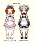  2girls :&gt; alternate_costume apron back_bow bangs black_bow black_dress black_legwear black_nails black_theme blonde_hair blunt_bangs blush boku_no_hero_academia bow brown_eyes brown_hair character_name double_bun dress enmaided eyebrows_visible_through_hair fangs fishnet_legwear fishnets frilled_apron frilled_dress frills full_body full_moon hair_ornament hairpin highres long_sleeves looking_at_viewer maid messy_hair moon multiple_girls nns146 open_mouth pink_dress pink_theme puffy_long_sleeves puffy_short_sleeves puffy_sleeves see-through_sleeves short_hair short_sleeves simple_background smile sock_garters socks standing toga_himiko uraraka_ochako white_legwear wrist_cuffs yellow_eyes 