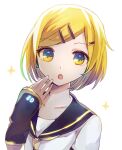  1boy :o androgynous arm_warmers bangs black_collar blonde_hair bloom collar collarbone commentary hair_ornament hairclip hand_on_own_chin highres kagamine_len kagamine_len_(if) looking_at_viewer male_focus necktie sailor_collar school_uniform shirt solo sparkle swept_bangs upper_body vocaloid wakolenrin white_background white_shirt yellow_eyes yellow_neckwear 