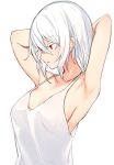 1girl armpits arms_up bangs bare_arms bare_shoulders breasts character_request collarbone from_side highres medium_breasts medium_hair no_bra original otokuyou parted_lips red_eyes shiny shiny_skin simple_background solo tank_top upper_body white_background white_tank_top 