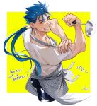  1boy apron biceps blue_hair closed_mouth cu_chulainn_(fate)_(all) cu_chulainn_(fate/stay_night) earrings emiya-san_chi_no_kyou_no_gohan fang fate/stay_night fate_(series) flexing floating_hair grin holding holding_ladle jewelry ladle long_hair looking_at_viewer makina_(nikki_m7_) male_focus muscular muscular_male one_eye_closed ponytail pose red_eyes shirt short_sleeves smile solo spiky_hair t-shirt 