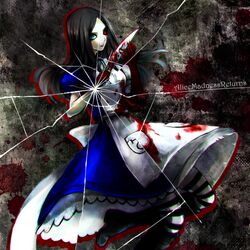  1girl alice:_madness_returns alice_(alice_in_wonderland) american_mcgee&#039;s_alice apron ayaka_nari black_hair blood breasts closed_mouth dress green_eyes jupiter_symbol knife long_hair looking_at_viewer pantyhose puffy_short_sleeves puffy_sleeves short_sleeves solo striped striped_legwear 