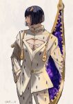  1boy bangs black_hair blue_eyes blunt_bangs bob_cut bruno_buccellati hair_ornament hand_in_pocket highres jacket jojo_no_kimyou_na_bouken long_sleeves looking_to_the_side male_focus null_(skev7724) short_hair simple_background solo solo_focus vento_aureo zipper 