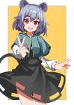  1girl :d absurdres animal_ears bangs blue_capelet border capelet cowboy_shot dress eyebrows_visible_through_hair grey_dress grey_hair highres jewelry long_sleeves looking_at_viewer mouse_ears mouse_tail nazrin open_mouth pendant rafa_(rafua_kz) red_eyes short_hair simple_background smile solo standing tail touhou v white_border yellow_background 