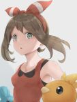 1girl bare_shoulders brown_hair collarbone eyebrows_visible_through_hair grey_background grey_eyes hair_ornament highres itsudzumi looking_at_viewer may_(pokemon) open_mouth pokemon pokemon_(creature) pokemon_(game) pokemon_oras red_shirt ribbon shirt simple_background solo_focus torchic 