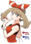  1girl bangs black_undershirt blue_eyes blush bow brown_hair copyright_name cropped_torso hair_bow hand_up highres holding holding_poke_ball index_finger_raised long_hair looking_at_viewer may_(pokemon) omaru_gyuunyuu parted_lips poke_ball poke_ball_(basic) pokemon pokemon_(game) pokemon_oras red_bow red_tank_top simple_background solo striped striped_bow tank_top undershirt upper_body white_background wristband 