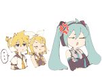  ... 1boy 2girls :t anger_vein angry aqua_hair aqua_neckwear bangs bare_shoulders black_sleeves blonde_hair blue_eyes chibi collar commentary cropped_torso crossed_arms detached_sleeves grey_collar grey_shirt grey_sleeves hair_ornament hairclip hatsune_miku headphones highres kagamine_len kagamine_rin long_hair m0ti multiple_girls necktie open_mouth pout shirt short_hair short_ponytail short_sleeves sketch sleeveless sleeveless_shirt speech_bubble spiky_hair spoken_ellipsis sweat swept_bangs twintails upper_body v-shaped_eyebrows vocaloid white_background white_shirt yellow_neckwear 