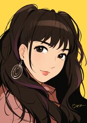  1girl bangs blouse brown_eyes brown_hair earrings eyebrows_behind_hair hair_behind_ear highres jewelry junna_(singer) pink_blouse portrait real_life sasanoneko smile solo thick_lips twintails yellow_background 