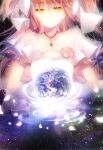  1girl breasts cleavage_cutout closed_mouth clothing_cutout collarbone cupping_hands dot_nose earth_(planet) eyebrows_visible_through_hair flat_chest floating_hair flower giant giantess gloves glowing glowing_petals goddess_madoka hair_between_eyes hair_ribbon half-closed_eyes highres jewelry kaname_madoka layered_sleeves light_particles light_smile long_hair looking_at_viewer mahou_shoujo_madoka_magica nebula necklace petals pink_flower pink_hair pink_rose planet raicy ribbon rose sky small_breasts solo space sparkle star_(sky) starry_sky two_side_up very_long_hair white_gloves white_ribbon wide_sleeves yellow_eyes 