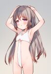  1girl :o armpits arms_up bangs bare_arms bare_shoulders blush clothing_cutout commentary_request cowboy_shot eyebrows_visible_through_hair grey_hair groin hair_between_eyes hands_on_own_head heart_cutout highres long_hair looking_at_viewer meito_(maze) one-piece_swimsuit original parted_lips solo standing swimsuit very_long_hair violet_eyes white_swimsuit 