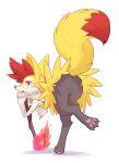  1girl ancesra animal_ear_fluff animal_ears animal_nose artist_name ass bent_over black_fur blush body_fur braixen claws commentary english_commentary feet fire flat_chest fox_ears fox_girl fox_tail from_behind full_body furry gen_6_pokemon hands_together happy highres leg_up looking_at_viewer looking_back no_pussy open_mouth pawpads paws pokemon pokemon_(creature) presenting purple_fire red_eyes simple_background smile snout solo standing standing_on_one_leg stick tail tail_raised watermark white_background white_fur yellow_fur 