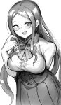  1girl :d blush bow bowtie breasts buttons dangan_ronpa_(series) dangan_ronpa_v3:_killing_harmony glasses greyscale hand_on_back highres large_breasts long_hair looking_to_the_side monochrome open_mouth shirogane_tsumugi skirt sleeveless smile suurin_(ksyaro) teeth white_background 