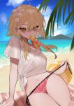  1girl ball bangs bare_shoulders beach bebe_pp bikini bikini_bottom blonde_hair blush day flower food genshin_impact hair_between_eyes hair_flower hair_ornament highres looking_at_viewer lumine_(genshin_impact) navel ocean off-shoulder_shirt off_shoulder outdoors palm_tree popsicle sand shirt shore short_hair swimsuit swimsuit_under_clothes t-shirt tree tropical water yellow_eyes 