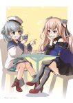  2girls absurdres ane_hoshimaru aqua_neckwear aqua_skirt black_legwear black_ribbon black_skirt blue_hair blue_sailor_collar blue_shirt brown_eyes card chair commentary_request commission dixie_cup_hat double_bun grin hat hat_ribbon highres johnston_(kancolle) kantai_collection light_brown_hair long_hair long_sleeves medal military_hat miniskirt multiple_girls neckerchief off_shoulder old_maid playing_card pleated_skirt pointing red_footwear ribbon sailor_collar samuel_b._roberts_(kancolle) school_uniform serafuku shirt short_hair sitting skirt sleeve_cuffs smile table thigh-highs two_side_up united_states_medal_of_honor white_headwear white_shirt 
