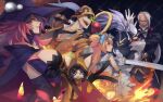  2girls 3boys ahoge akilico animal_ears blazblue blonde_hair cat_ears cat_tail green_eyes grey_hair hakumen hat highres jubei_(blazblue) multiple_boys multiple_girls pink_hair platinum_the_trinity red_eyes tail twintails valkenhayn_r._hellsing witch_hat yellow_eyes yuuki_terumi 