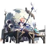  1girl ahoge black_legwear blue_scarf dome full_body girls_frontline girls_frontline_neural_cloud hair_over_one_eye highres hood hood_down mai_(girls_frontline_nc) official_art open_mouth pink_eyes pink_hair satellite_dish scarf shoes short_hair shorts sitting sneakers solar_panel solo symbol-shaped_pupils thigh-highs transparent_background weather_vane white_footwear 