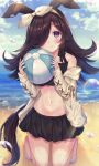  1girl absurdres animal_ears ball barefoot beach bikini black_bikini blue_sky blush brown_hair closed_mouth clouds day hair_over_one_eye hairband highres holding holding_ball horse_ears horse_girl horse_tail long_hair looking_at_viewer ocean rice_shower_(umamusume) sky smile solo sorashima_(117) swimsuit tail toenails toes umamusume violet_eyes white_hairband 