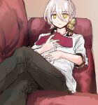  1boy bell black_pants book braid commentary couch crossed_legs expressionless grey_hair hair_bell hair_ornament highres holding holding_book iori_yuzuru ishitsuki_(_0101_831) looking_at_viewer lying male_focus on_back open_book pants shirt sketch solo voiceroid white_shirt yellow_eyes 