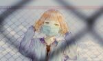  1girl bangs blonde_hair blue_eyes blunt_bangs blurry blurry_foreground chain-link_fence ckr4.8_(shiren) clouds dated day fence hands_up long_sleeves looking_at_viewer mask original outdoors short_hair upper_body 