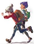  2boys bag bangs beanie black_shirt blue_jacket brown_footwear brown_hair cable_knit closed_eyes colorized commentary_request dark-skinned_male dark_skin denim duffel_bag fur-trimmed_jacket fur_trim green_bag grey_headwear hat hop_(pokemon) jacket jeans leg_up male_focus misumi4ja multiple_boys open_mouth pants plaid pokemon pokemon_(game) pokemon_swsh purple_hair red_shirt running shirt shoes short_hair sleeves_rolled_up smile suitcase suruga_dbh torn_clothes torn_jeans torn_pants upper_teeth victor_(pokemon) |d 