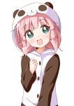  1girl animal_costume animal_hood blush eyebrows_visible_through_hair green_eyes haru_(konomi_150) highres hood looking_at_viewer open_mouth pajamas panda_costume panda_hood pink_hair shiny shiny_hair short_hair simple_background smile solo upper_body white_background yoshikawa_chinatsu yuru_yuri 