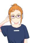  1girl blue_shirt casual glasses hair_bun hair_pulled_back hand_on_headphones headphones highres looking_at_viewer love_live! love_live!_superstar!! nodo_ame-rks86 orange_hair shibuya_kanon shirt short_sleeves simple_background solo tied_hair upper_body violet_eyes white_background 