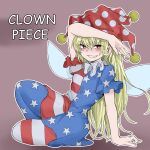  1girl american_flag_dress american_flag_legwear arm_up blonde_hair breasts brown_background character_name clownpiece fairy_wings fe_(tetsu) full_body grin hat highres jester_cap long_hair looking_at_viewer neck_ruff polka_dot polka_dot_headwear red_eyes red_headwear short_sleeves sitting small_breasts smile solo star_(symbol) star_print striped touhou very_long_hair wings 