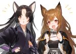  2girls :d :o animal_ear_fluff arknights bangs black_hair black_jacket black_kimono bracelet brown_eyes brown_hair ceobe_(arknights) commentary elbow_gloves facial_mark fang fingerless_gloves forehead_mark gloves infection_monitor_(arknights) jacket japanese_clothes jewelry kimono long_hair long_sleeves looking_at_viewer multiple_girls nima_(niru54) open_mouth parted_bangs puffy_long_sleeves puffy_sleeves purple_gloves red_eyes saga_(arknights) sidelocks smile sweater very_long_hair white_sweater 