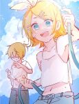  1boy 1girl aqua_eyes bangs belt blonde_hair bow closed_mouth clouds commentary day dripping hair_bow hair_ornament hairclip highres holding holding_clothes holding_hose holding_shirt hose kagamine_len kagamine_rin looking_at_viewer mi_no_take midriff navel open_mouth outdoors shirt short_hair shorts sketch smile standing swept_bangs tank_top upper_body vocaloid water white_bow white_tank_top wiping_face 