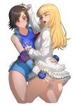  2girls arm_around_waist ass ass_grab blonde_hair blue_eyes breast_grab brown_eyes brown_hair cropped_legs dress elbow_pads fingerless_gloves frilled_dress frills gloves grabbing groping hand_on_another&#039;s_head highres katoyo85 kazama_asuka lili_(tekken) multiple_girls one_eye_closed open_mouth panties pantyshot short_dress short_hair simple_background tekken underwear yuri 