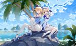  2girls absurdres barbara_(genshin_impact) barbara_(summertime_sparkle)_(genshin_impact) bare_shoulders barefoot beach blonde_hair blouse blue_blouse blue_eyes blue_sky bow coconut_tree drill_hair feet frilled_skirt frills full_body genshin_impact hair_bow hat high_heels highres jean_(genshin_impact) jean_(sea_breeze_dandelion)_(genshin_impact) legs long_sleeves multiple_girls ocean open_mouth outdoors palm_tree ponytail rock sailor_collar sailor_hat shorts siblings sisters sitting skirt sky smile soles swimsuit toes tree twin_drills twintails white_shorts wucanming 