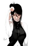 1girl arm_up bare_shoulders breasts closed_mouth eyeshadow flower hair_flower hair_ornament hand_in_hair highres konan_(naruto) large_breasts makeup midriff monochrome naruto_(series) one_eye_closed piercing short_hair sleeveless solo zifletts zipper_pull_tab