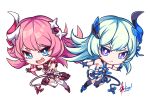  2girls :d asymmetrical_gloves azuma_kyun bangs bare_shoulders black_gloves black_legwear blue_eyes blue_hair chibi closed_mouth full_body gloves hair_between_eyes hair_ornament highres honkai_(series) honkai_impact_3rd horns liliya_olenyeva long_hair looking_at_viewer mismatched_gloves multiple_girls open_mouth pink_hair rozaliya_olenyeva siblings simple_background single_horn smile tail thigh-highs twins v-shaped_eyebrows white_background white_gloves white_legwear 