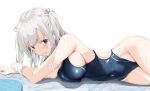  1girl absurdres aqua_eyes bangs bare_arms bare_shoulders blue_swimsuit blush breasts closed_mouth covered_navel haruto_(nyannzou789) highres large_breasts long_hair lying mole mole_on_breast mole_under_eye on_side one-piece_swimsuit original short_twintails silver_hair simple_background smile solo swimsuit twintails wet white_background 