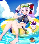  .live 1girl absurdres alternate_costume alternate_hairstyle blush breasts carro_pino commentary_request goggles goggles_on_head hair_ribbon highres innertube looking_at_viewer medium_breasts ocean open_mouth ponytail purple_hair ribbon rikuton sky solo violet_eyes virtual_youtuber water 