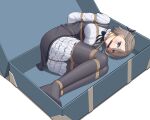  1girl absurdres ange_(princess_principal) bdsm blue_eyes blush bondage bound braid breasts crown_braid gagged grey_hair highres medium_breasts pantyhose princess_principal restrained solo suitcase tagme tied_up wo_cao_xiao 