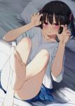  1girl bangs barefoot black_hair blue_skirt blush claw_pose collarbone commentary_request english_commentary eyebrows_visible_through_hair feet full_body futon hands_up jitome kamizaki_hibana looking_at_viewer lying medium_hair on_back open_mouth original parted_lips pillow pink_eyes shirt short_sleeves sidelocks skirt soles solo toes twintails white_shirt 