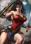  1girl armor armored_dress black_hair blue_eyes breasts circlet dandon_fuga dc_comics deflect highres knee_up large_breasts lips looking_at_viewer muscular muscular_female red_lips shield sword thick_lips thick_thighs thighs weapon wonder_woman 