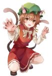  1girl :d absurdres animal_ear_fluff animal_ears blush bow bowtie breasts brown_eyes brown_hair cat_ears cat_tail chen claw_pose dress earrings fang fingernails full_body gold_trim green_headwear hair_between_eyes hands_up hat highres jewelry koizumo long_fingernails looking_at_viewer mob_cap multiple_tails nekomata open_mouth petticoat red_dress red_nails sharp_fingernails short_hair simple_background single_earring slit_pupils small_breasts smile solo squatting tail touhou two_tails white_background white_bow white_neckwear 