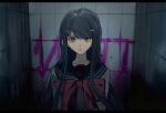  1girl bangs black_hair blood blue_eyes bow closed_mouth collarbone dangan_ronpa:_trigger_happy_havoc dangan_ronpa_(series) hair_ornament hairclip highres indoors letterboxed long_hair looking_at_viewer maizono_sayaka pink_blood sailor_collar school_uniform serafuku shi_xu_jiu_zhou shiny shiny_hair solo tile_wall tiles upper_body 