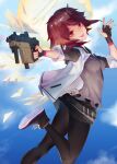  1girl :p absurdres aiming_at_viewer arknights bangs black_footwear black_gloves blue_sky chen3skuld clouds cloudy_sky exusiai_(arknights) fingerless_gloves gloves grey_shirt gun hair_between_eyes halo highres holding holding_gun holding_weapon jacket jumping kriss_vector leggings looking_at_viewer looking_back red_eyes redhead shirt shoes short_hair sky sleeves_past_elbows sneakers solo submachine_gun tongue tongue_out weapon white_jacket wings 