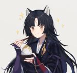  1girl :t animal_ears arknights blush bowl brown_eyes chopsticks dog_ears eating elbow_gloves facial_mark fingerless_gloves food food_on_face forehead_mark gloves highres holding holding_chopsticks japanese_clothes long_hair looking_at_viewer purple_gloves purple_shirt rice rice_bowl saga_(arknights) shirt solo spacelongcat sparkle 