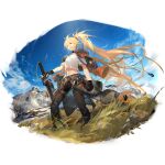  1girl black_gloves black_pants blonde_hair boots carabiner clouds cloudy_sky fingerless_gloves fur-trimmed_jacket fur_trim girls_frontline girls_frontline_neural_cloud gloves grass highres jacket jacket_on_shoulders knee_pads long_hair midriff mountain navel official_art orange_jacket outdoors pants ponytail shirt short_sleeves single_knee_pad sky sol_(girls_frontline_nc) solo sword t-shirt tent transparent_background very_long_hair weapon white_shirt yellow_eyes 