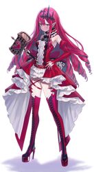  1girl absurdres armpits bare_shoulders belt boots bow bowtie breasts center_frills choker closed_mouth detached_sleeves dress expressionless fairy_knight_tristan_(fate) fate/grand_order fate_(series) frilled_dress frills full_body fuwawa_(fuwawa617) hair_intakes hair_ornament hammer hand_on_hip high_heel_boots high_heels highres holding juliet_sleeves long_sleeves miniskirt pointy_ears puffy_sleeves red_dress red_footwear sidelocks simple_background skirt small_breasts solo standing tailcoat thigh-highs thigh_boots white_background white_legwear white_skirt zettai_ryouiki 