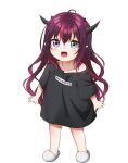  1girl absurdres black_skirt blue_eyes child fangs fingernails full_body heterochromia highres hololive hololive_english horns irys_(hololive) jan_azure multicolored_hair multiple_horns oversized_clothes oversized_shirt red_eyes shirt skirt slippers solo t-shirt violet_eyes virtual_youtuber white_footwear younger 