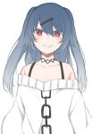  1girl bangs bare_shoulders collarbone commentary_request hair_between_eyes long_hair looking_at_viewer off-shoulder_sweater off_shoulder original otokuyou red_eyes sharp_teeth simple_background smile solo sweater teeth twintails upper_body white_background 