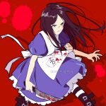  1girl absurdres alice:_madness_returns alice_(alice_in_wonderland) american_mcgee&#039;s_alice apron black_hair blood boots breasts dress green_eyes highres jewelry jupiter_symbol knife long_hair naomig necklace pantyhose puffy_sleeves solo striped striped_legwear 
